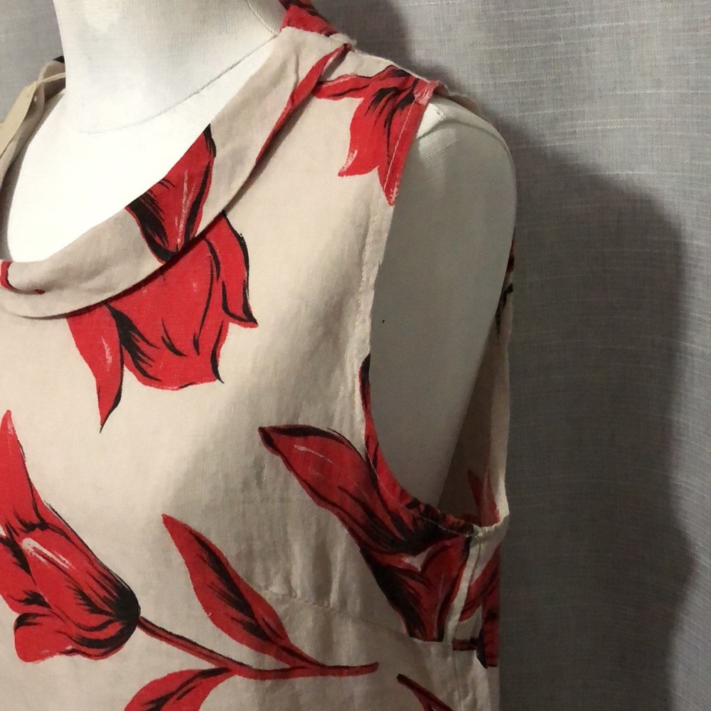 NWT Lina Tomei Linen Dress-Sz M-Beige and Red Floral Print-Wider Folded Collar - Picture 6 of 16